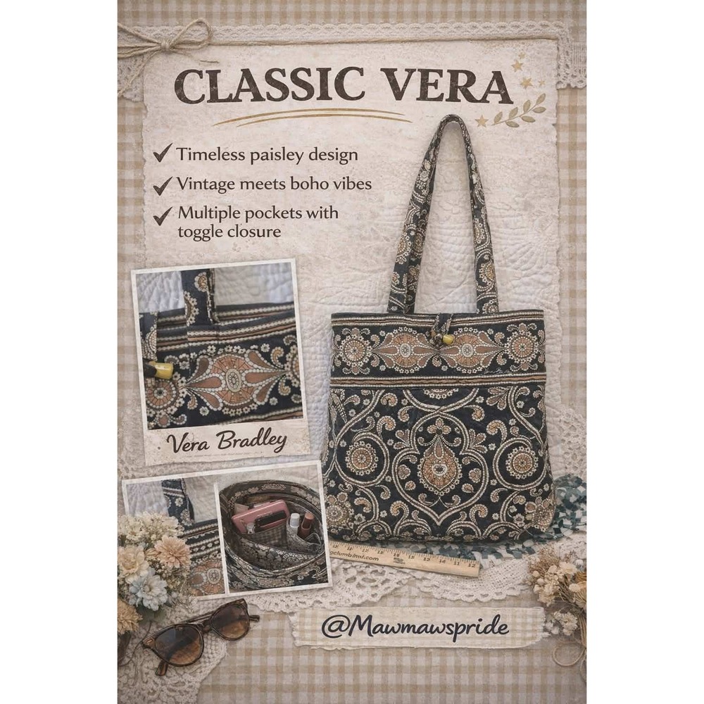 NOSTALGIC Vera Bradley Tote Paisley Floral Toggle Closure Cafe Latte Purse